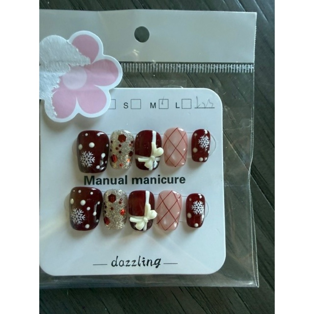Handmade Manual Manicure Press On Nails Holiday Christmas Snowflake Bow Burgundy